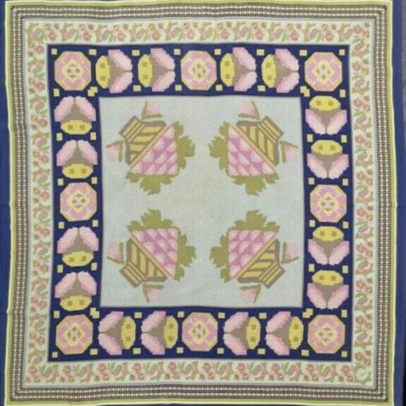Chloe Accessories - Chloe Blue Purple Green Pink Floral Print Cross Stitch Silk Scarf